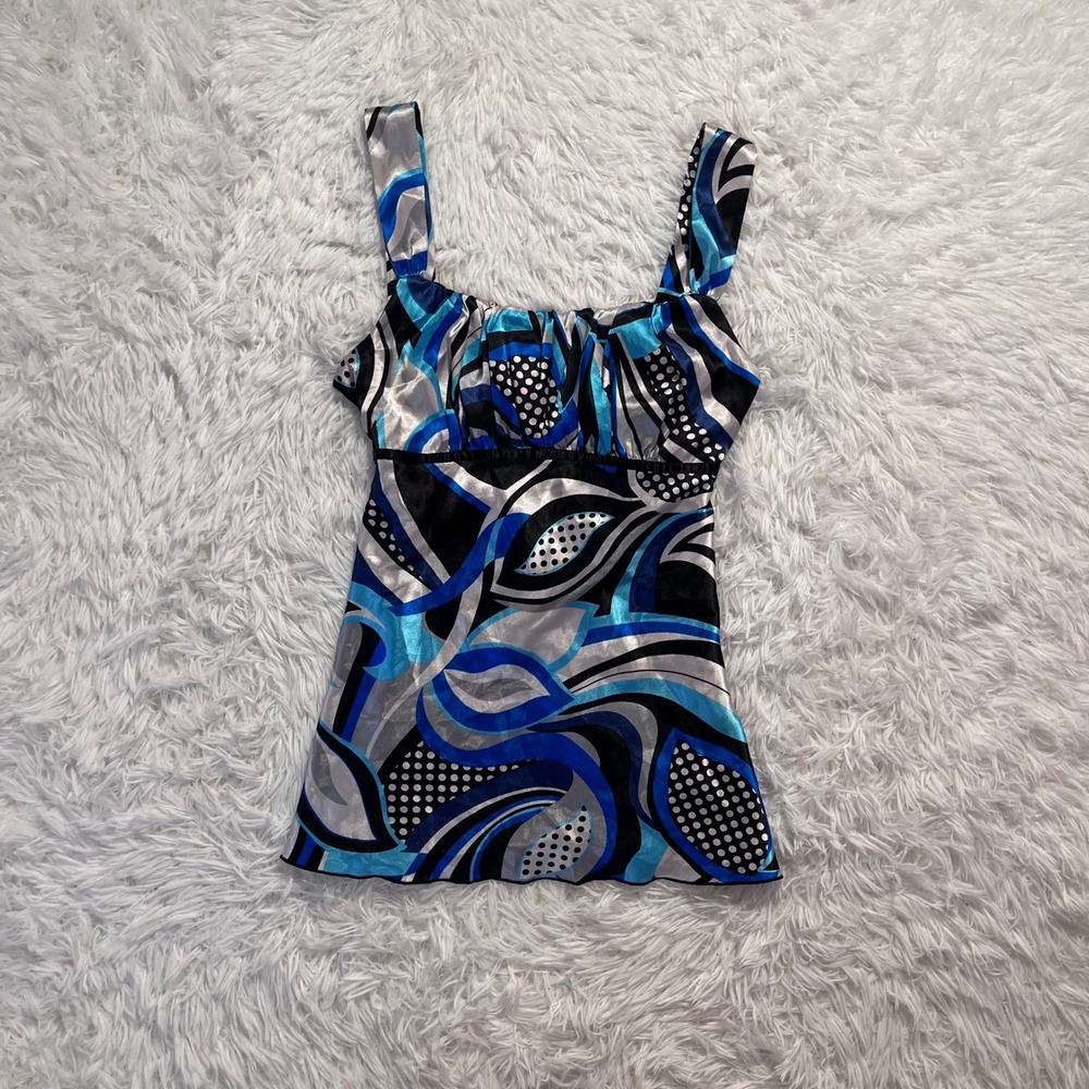 y2k blue & white patterned baby doll tank top medium